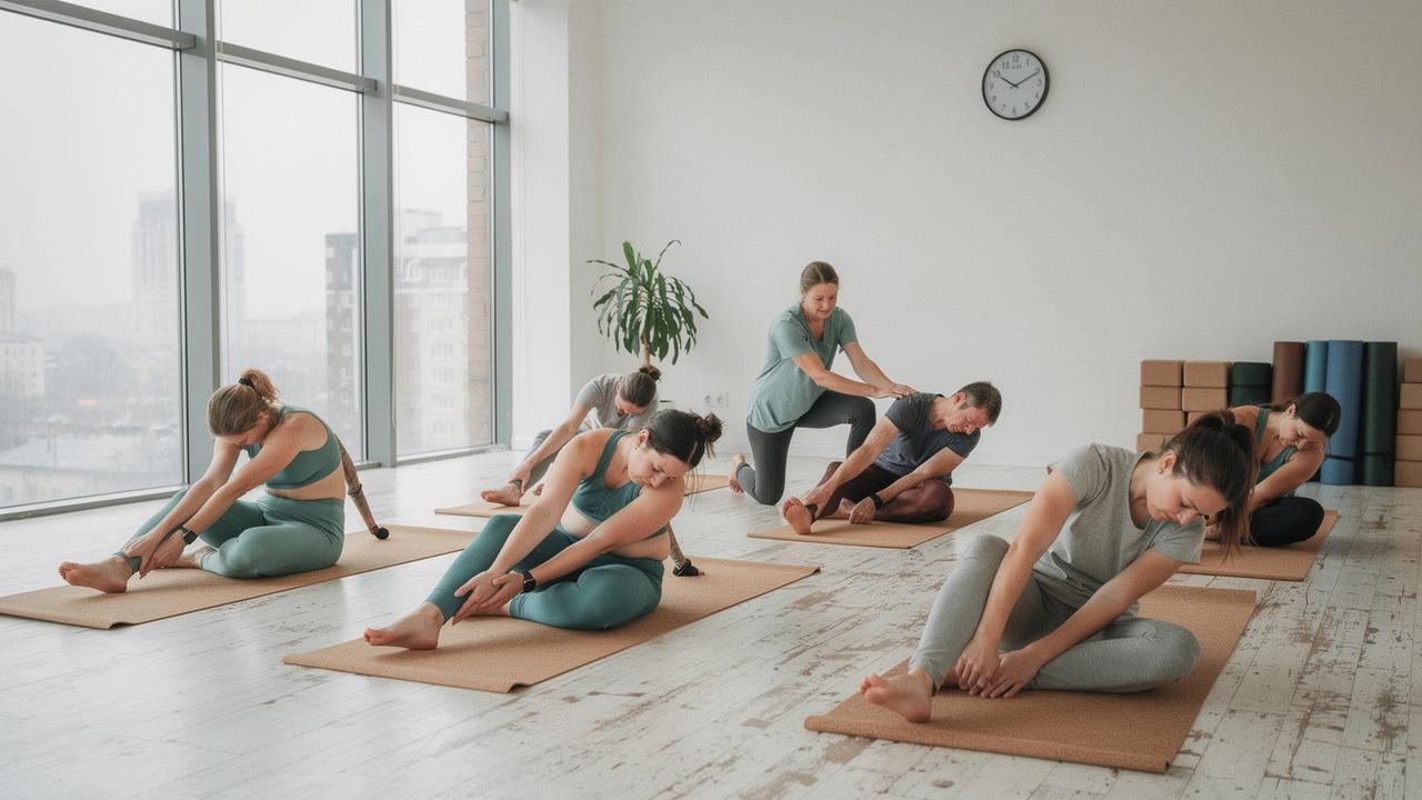 Beginners working through a slow yoga sequence on mats in a bright Kyiv studio